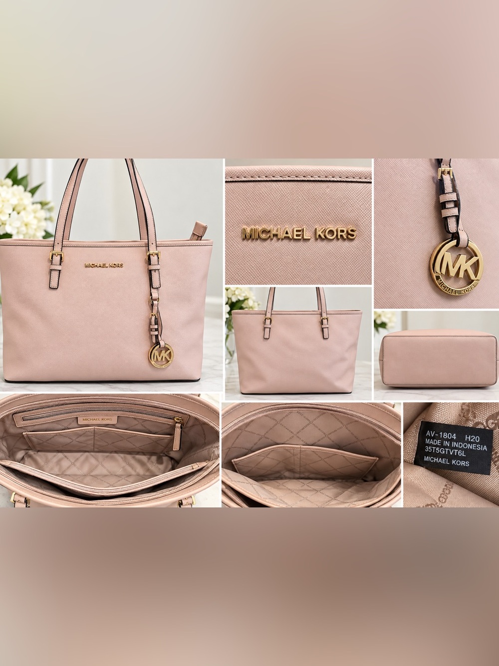 Michael Kors Jet Set Travel Pink Saffiano Leather Laptop Work Tote Bag